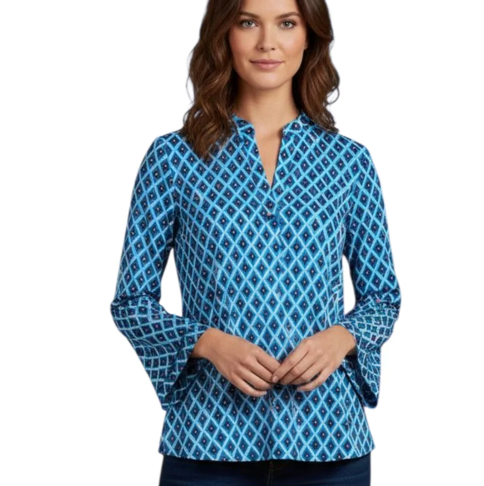 Tory Burch Blue Ikat Geometric Diamond Tunic Top-Mirrored Accents Size 4